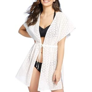 Kona Sol Coverup White Crochet Lace Floral Small Medium Beach Long Eyelet Dress